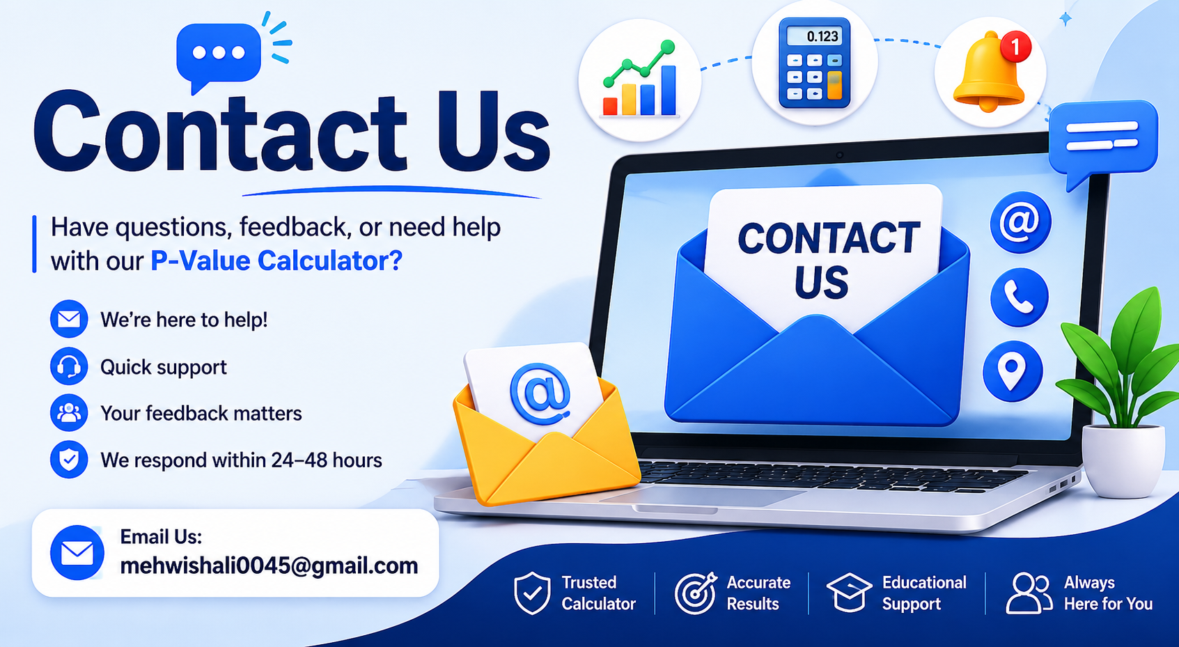 Contact Us banner for PValueCalculator.us showing statistical calculator support, email contact information, and p-value analysis graphics.